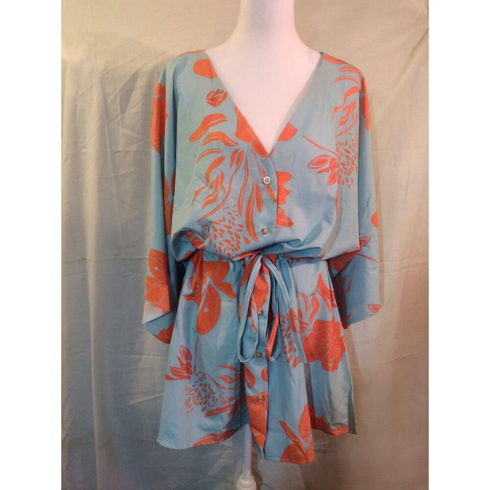Blue Orange Floral Kimono Dress Size L V-Neck Button Front Tie Waist